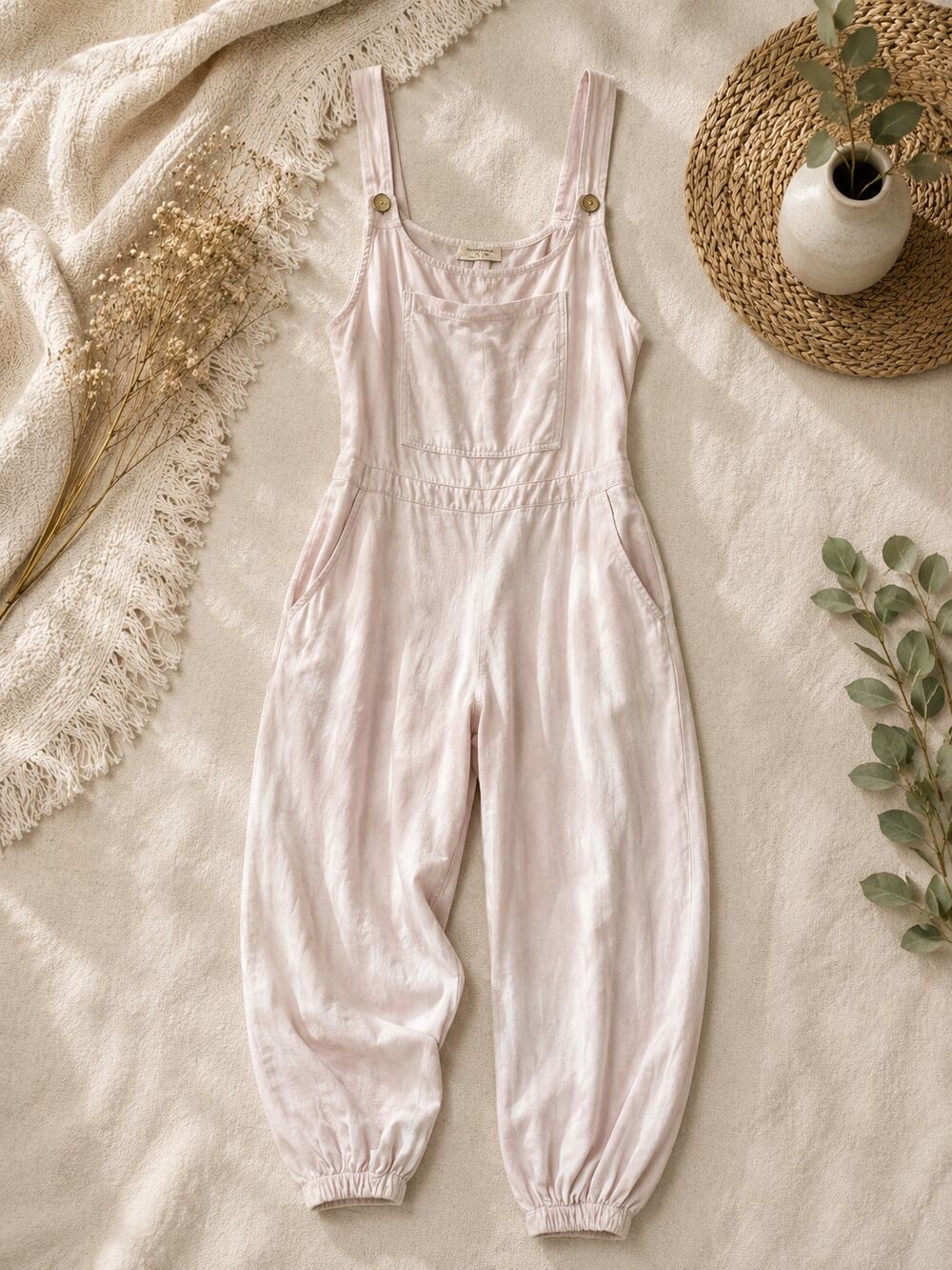 World Market Women's Summer Jumpsuit Sleeveless Square Neck White Pink Free Size - Picture 1 of 11